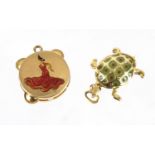 Two 9ct gold enamelled charms, tambourine and tortoise, the largest 2.2cm in length, approximate