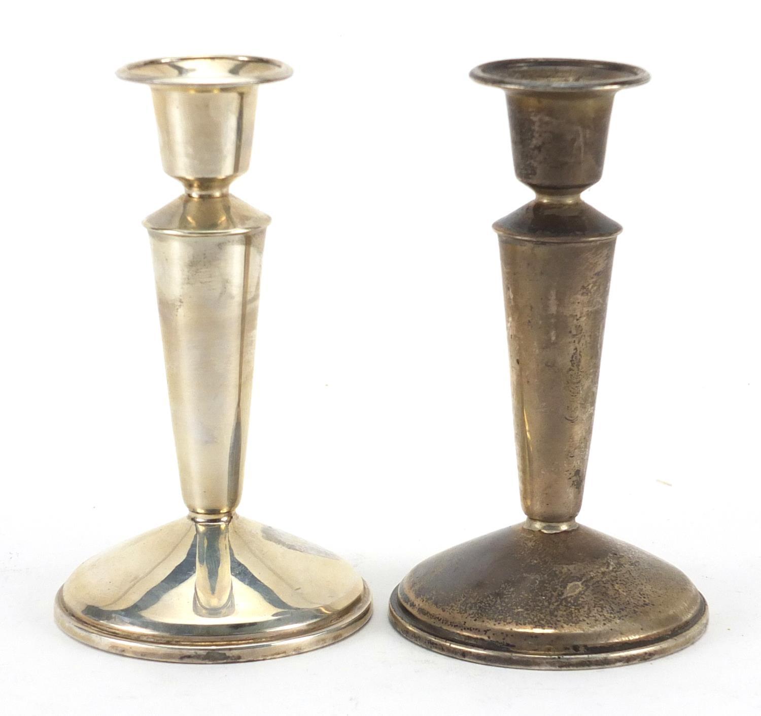 Pair of circular base candlesticks with tapering columns by W I Broadway & Co. Birmingham 1968, 13cm