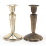 Pair of circular base candlesticks with tapering columns by W I Broadway & Co. Birmingham 1968, 13cm