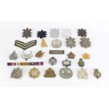 Military interest cap badges and cloth patches including The Cameron Highlanders, British American