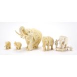 Group of five carved ivory elephant including an Indian example with an Mahout the largest 20cm in