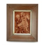Rectangular pottery tile decorated with two children playing instruments, mounted and framed, 18.5cm