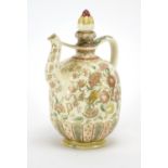 Hungarian pottery wine ewer by Zsolnay Pecs, hand painted with flowers and foliage, factory marks to