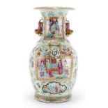 Chinese porcelain Canton vase with twin handles and relief dragon decoration, finely hand painted in