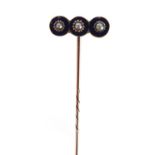 Unmarked gold seed pearl and blue enamel tie pin, 7.5cm in length, approximate weight 2.9g : For
