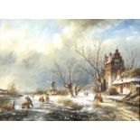 Dutch snowy winter landscape with windmill, oil on board, bearing a signature Van Cauf, framed, 39cm