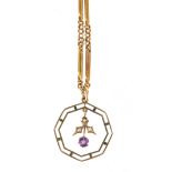 Art Nouveau 9ct gold amethyst and seed pearl pendant on a 9ct gold necklace, the pendant 3cm in