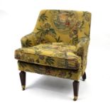 Mahogany framed tub chair, with parrots and figure on camel upholstery, 83cm high (OPTION) : For