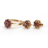 9ct gold garnet flower head ring, size M, and a pair of similar earrings, approximate weight 3.