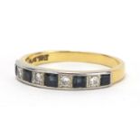 18ct gold and platinum diamond and sapphire half eternity ring, size R, approximate weight 4.0g :