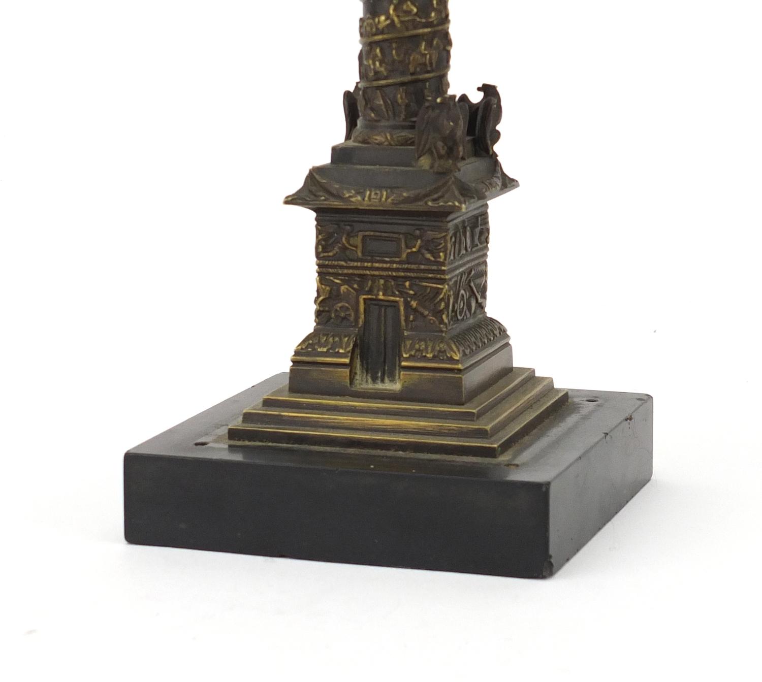 19th century Grand Tour patinated bronze model of Vendome column, raised on a square black slate - Image 4 of 6