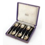 Set of six silver spoons by Roberts & Belk Ltd. Sheffield 1942, housed in a Harrods velvet and