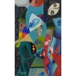Abstract composition, surreal figures and shapes, gouache, bearing a signature Max Ernst, mounted