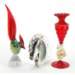 Murano glassware including a ruby red vase, with gold flecked swan stem and a horse head, the