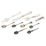 Silver and white metal cutlery including teaspoons and a Victorian fish knife, various hallmarks,