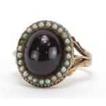 Victorian 15ct gold cabochon garnet and seed pearl ring, size M, approximate weight 6.6g : For Extra