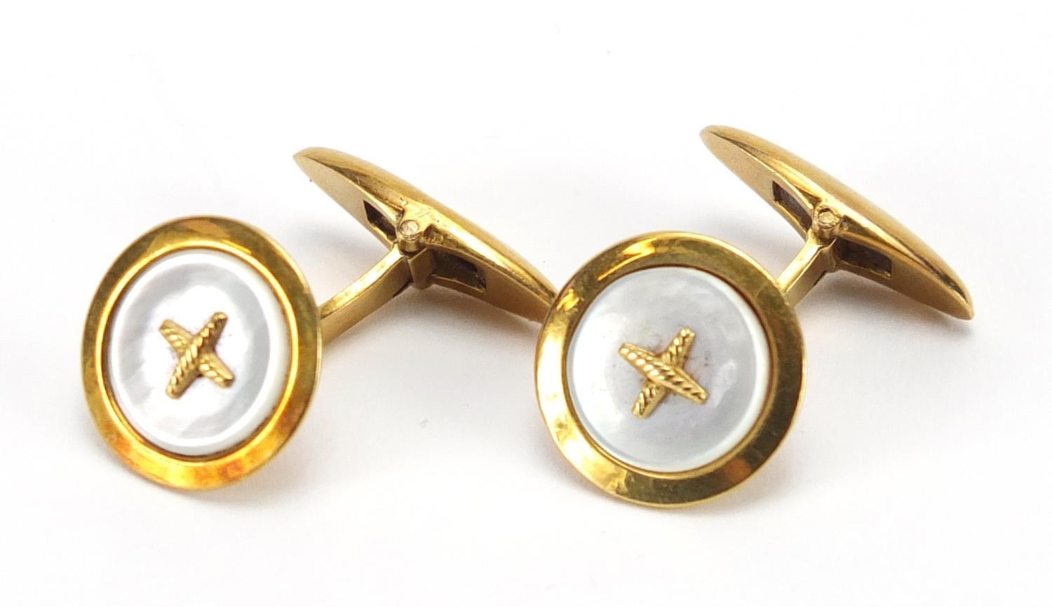 Pair of continental gold and Mother of Pearl cuff links, indistinct marks, 1.5cm in diameter,