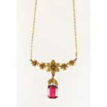 9ct gold garnet flower head necklace, 40cm in length, approximate weight 3.1g : For Extra