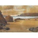 Wilferd R Wooloctt 1960 - Coastal scene, heightened watercolour, inscribed verso, mounted and