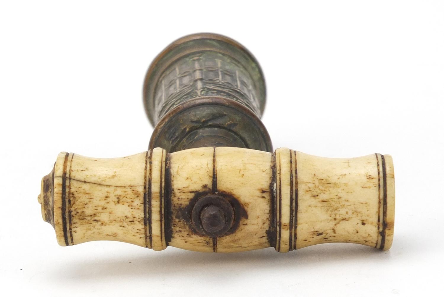 19th century Thomason brass corkscrew, with Gothic barrel, turned ivory handle and steel worm, 17. - Image 8 of 8