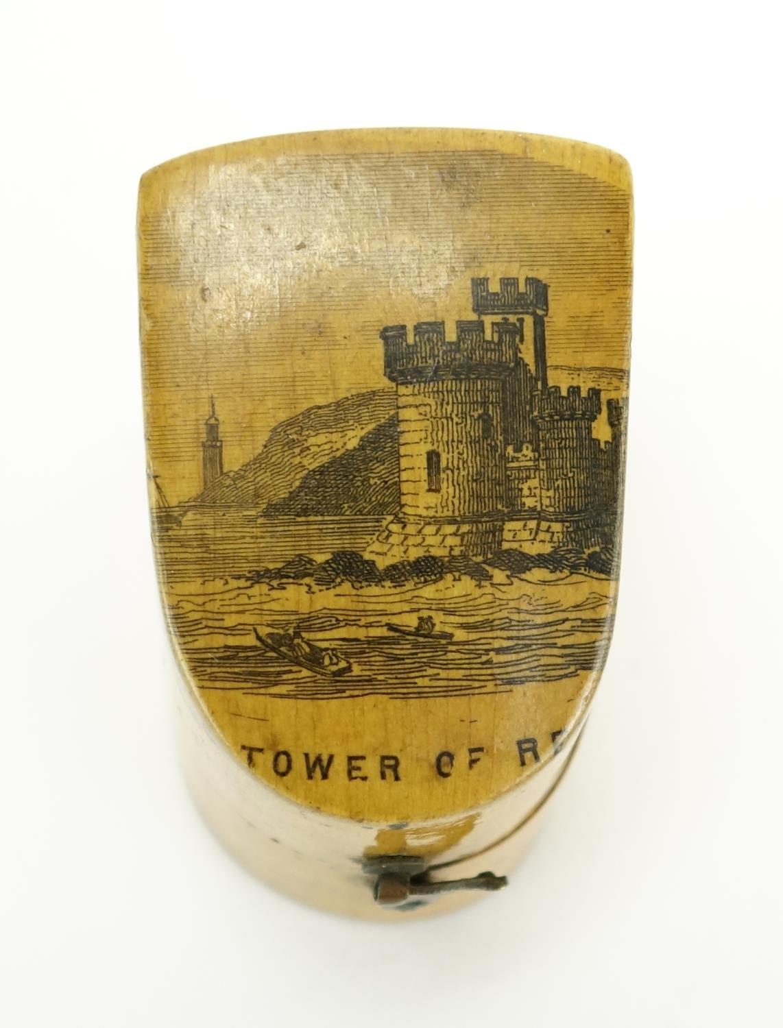 19th century rosewood shoe snuff box and a Mauchline Ware thimble case, decorated with The Tower - Image 4 of 5