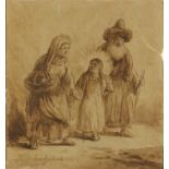 After Rembrandt - Three figures, antique ink on paper, unframed, 20cm x 19.5cm : For Extra Condition