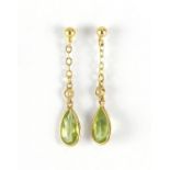 Pair of 9ct gold peridot and seed pearl drop earrings, 3cm in length, approximate weight 1.1g :