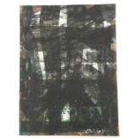 Abstract composition, black stripes, mixed media on card, bearing an indistinct signature and