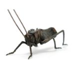 Japanese bronze locus with articulated legs, body and antennae's, character marks to the base, 7cm