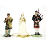 Three Royal Doulton figures, The Piper HN3444, The Lair HN2361 and Her Majesty Queen Elizabeth II