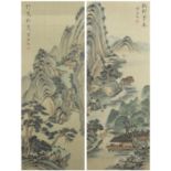Pair of Chinese hand painted scrolls, each depicting river landscape with red seal marks and