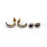 Two pairs of 9ct gold earrings set with diamonds and sapphires, the largest 1.7cm in length,