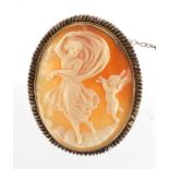 Unmarked white metal cameo brooch carved with a maiden and cherub, housed in a G. Mandile Naples