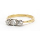 18ct gold diamond three stone ring, size M, approximate weight 2.0g : For Extra Condition Reports