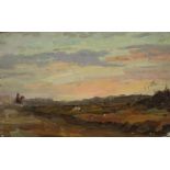 Figure on horseback in a landscape, Russian school oil on board, inscriptions and stamp verso,
