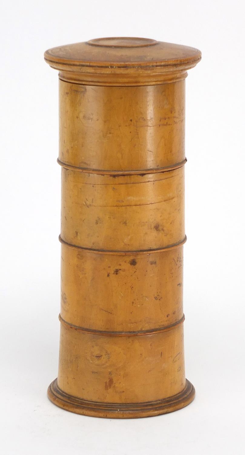 19th century cylindrical treen four section spice tower, 22cm high : For Extra Condition Reports - Image 2 of 3