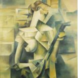Abstract composition cubist musician, oil on board, bearing a signature A L Hote, framed, 50cm x