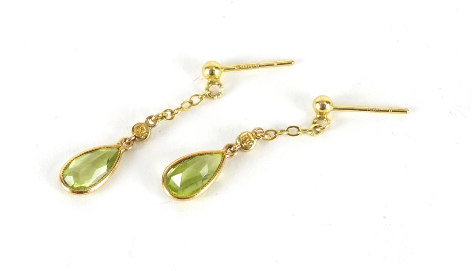 Pair of 9ct gold peridot and seed pearl drop earrings, 3cm in length, approximate weight 1.1g : - Image 2 of 3