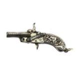 19th century miniature percussion pistol having a silver grip embossed with hogs and boars, possibly