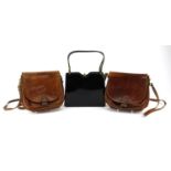 Three vintage handbags comprising two brown leather shoulder bags by The Bridge and an evening bag