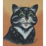 After Louis Wain - Smiling cat, gouache on card, mounted and framed, 30cm x 25cm