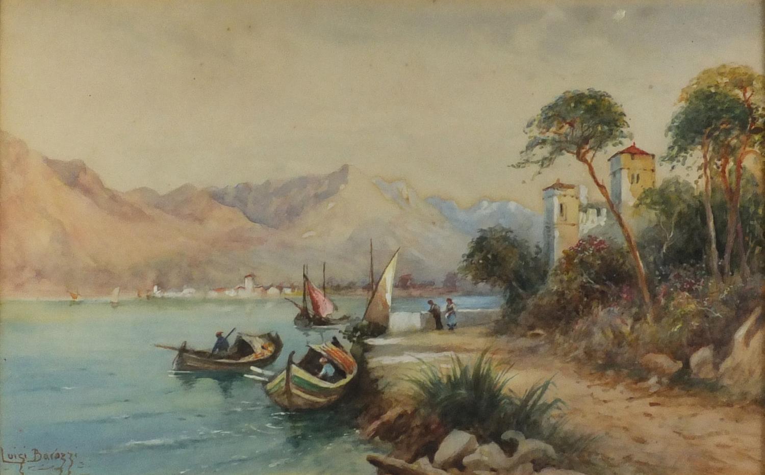 Luigi Barozzi - Continental port with figures and boats, heightened watercolour, label verso,