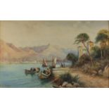 Luigi Barozzi - Continental port with figures and boats, heightened watercolour, label verso,