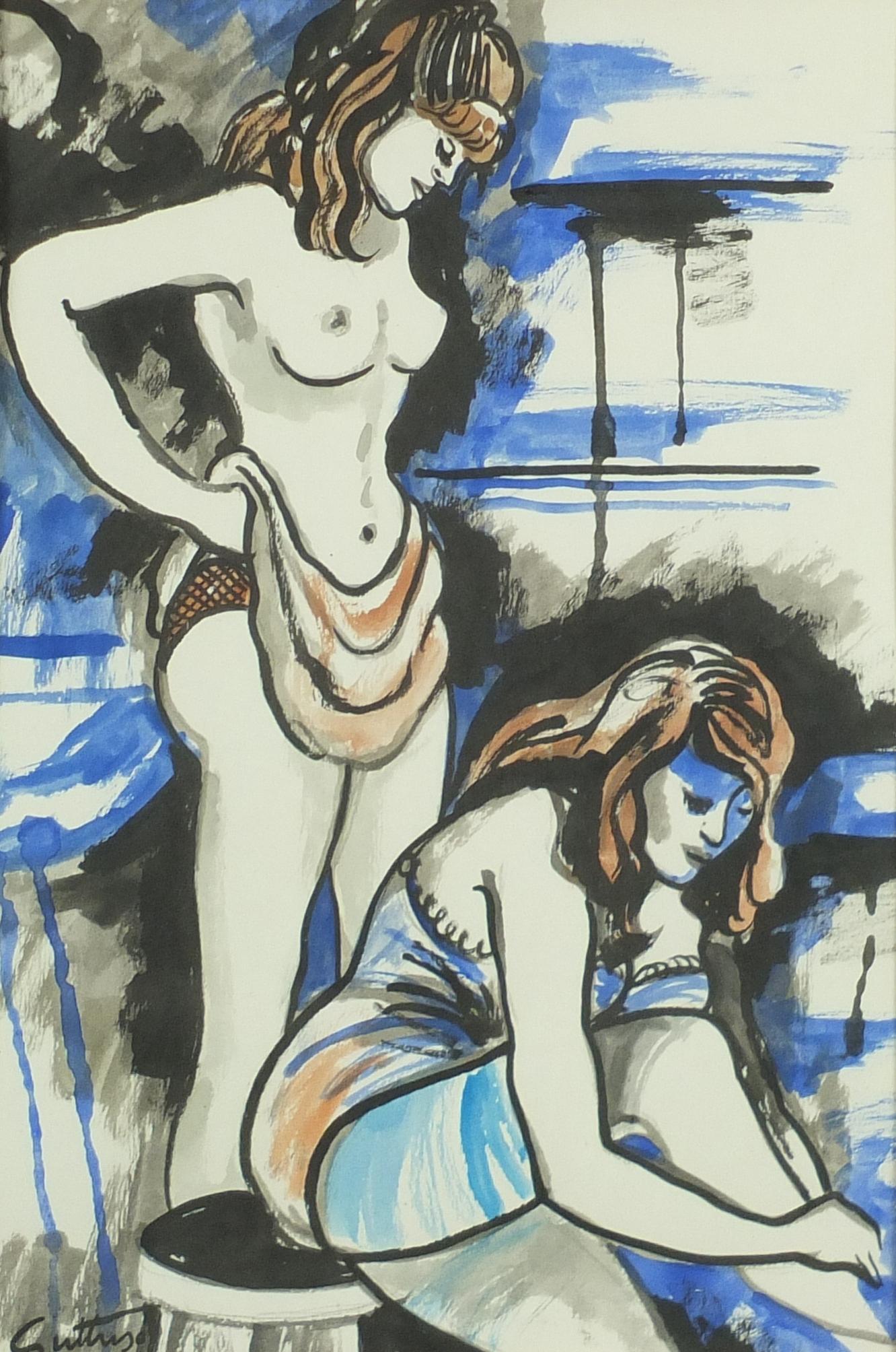 Two females bathing, watercolour, bearing a signature Guttuso, mounted and framed, 36cm x 24cm