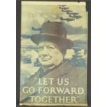Let Us Go Forward Together World War II propaganda poster with Winston Churchill, 57.5cm x 37cm