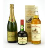 Three bottles of alcohol comprising a bottle of Alfred Rothschild champagne, Famous Grouse Whisky