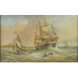 J H Parish 1921 - Ships on stormy seas outside of a harbour, heightened watercolour, framed, 46.