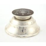 Circular silver capstan inkwell with tortoiseshell pique work hinged lid, indistinct makers mark,