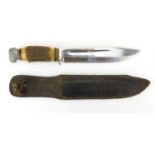 German horn handled hunting knife, with leather sheath, the steel blade engraved R Rayer Rosthrei