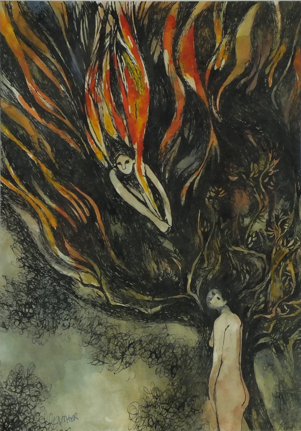 Peter Luther - Promethius Bringing Fire, pen and wash, inscribed verso, mounted and framed, 40cm x